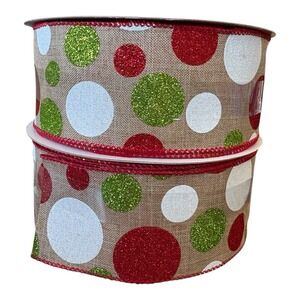 NEW‎ 2pk Celebrate It Christmas Wired Jumbo Green Red White Ribbon 2.5in. X 80ft